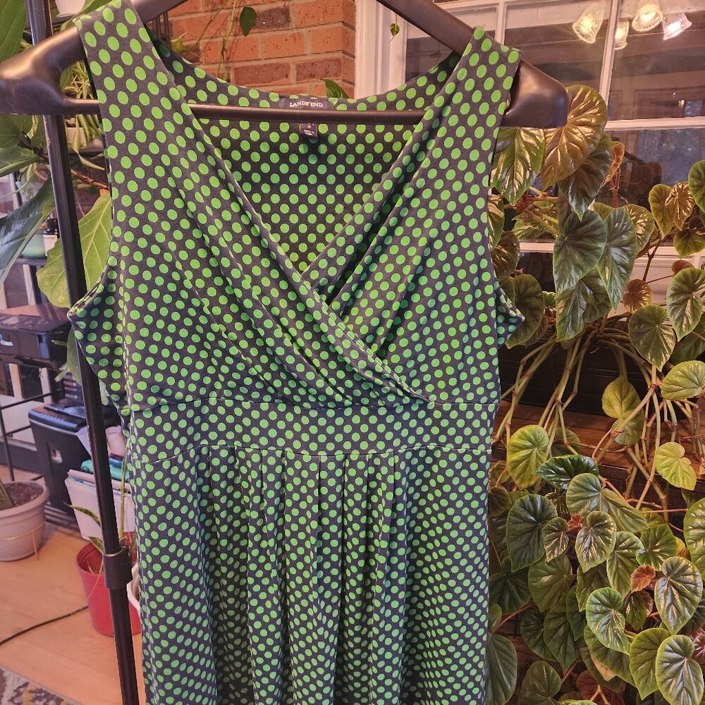Lands' End navy blue and green polka dot cotton sleeveless faux wrap dress